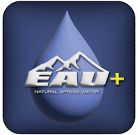 the logo for eau + natural spring water